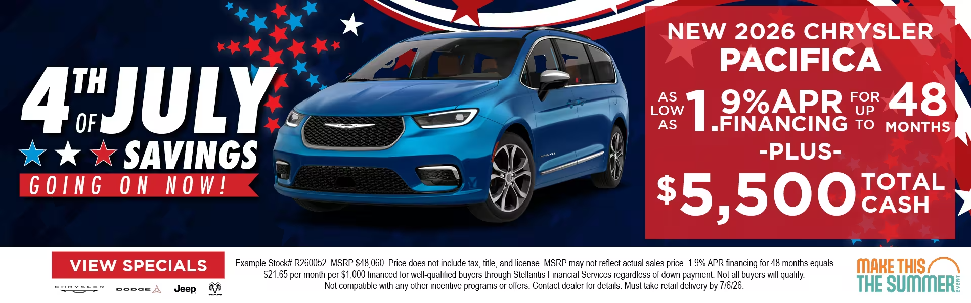 New 2026 Chrysler Pacifica As low as 1.9% APR Financing for up to 48 months plus $5,500 total Cash